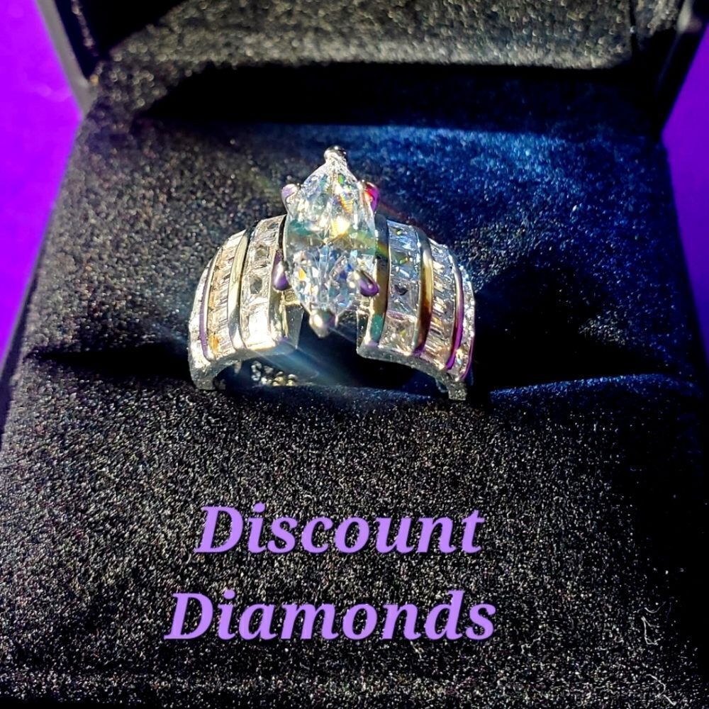 Clear White Diamond Cocktail Ring 14K White Gold over 925 Silver